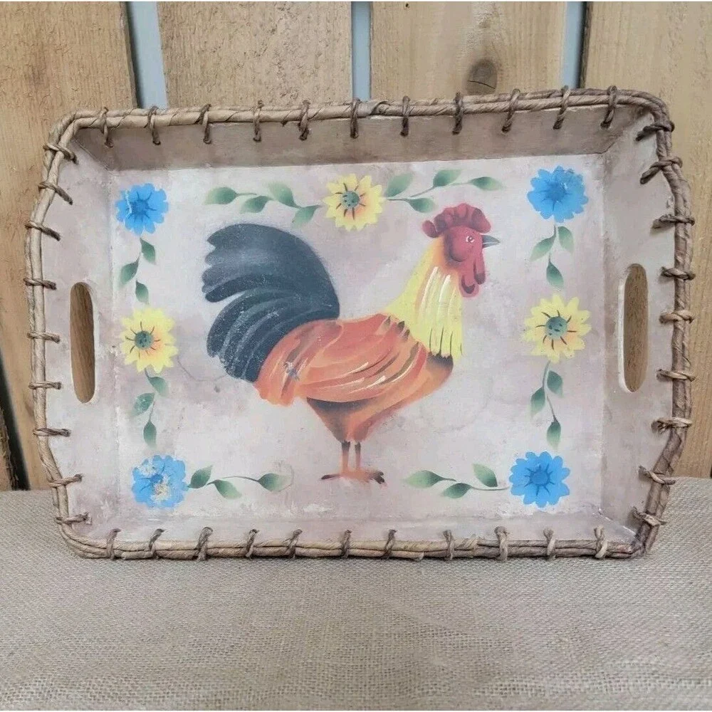 Rooster Chicken Serving Tray Display Handpainted Vintage Farmhouse